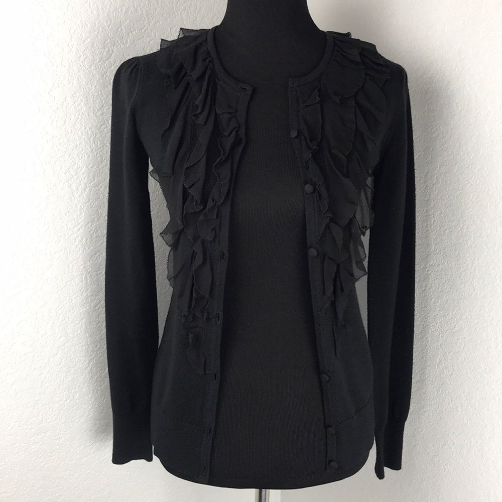 Trina Turk Black Ruffle Front Merino Wool Cardigan